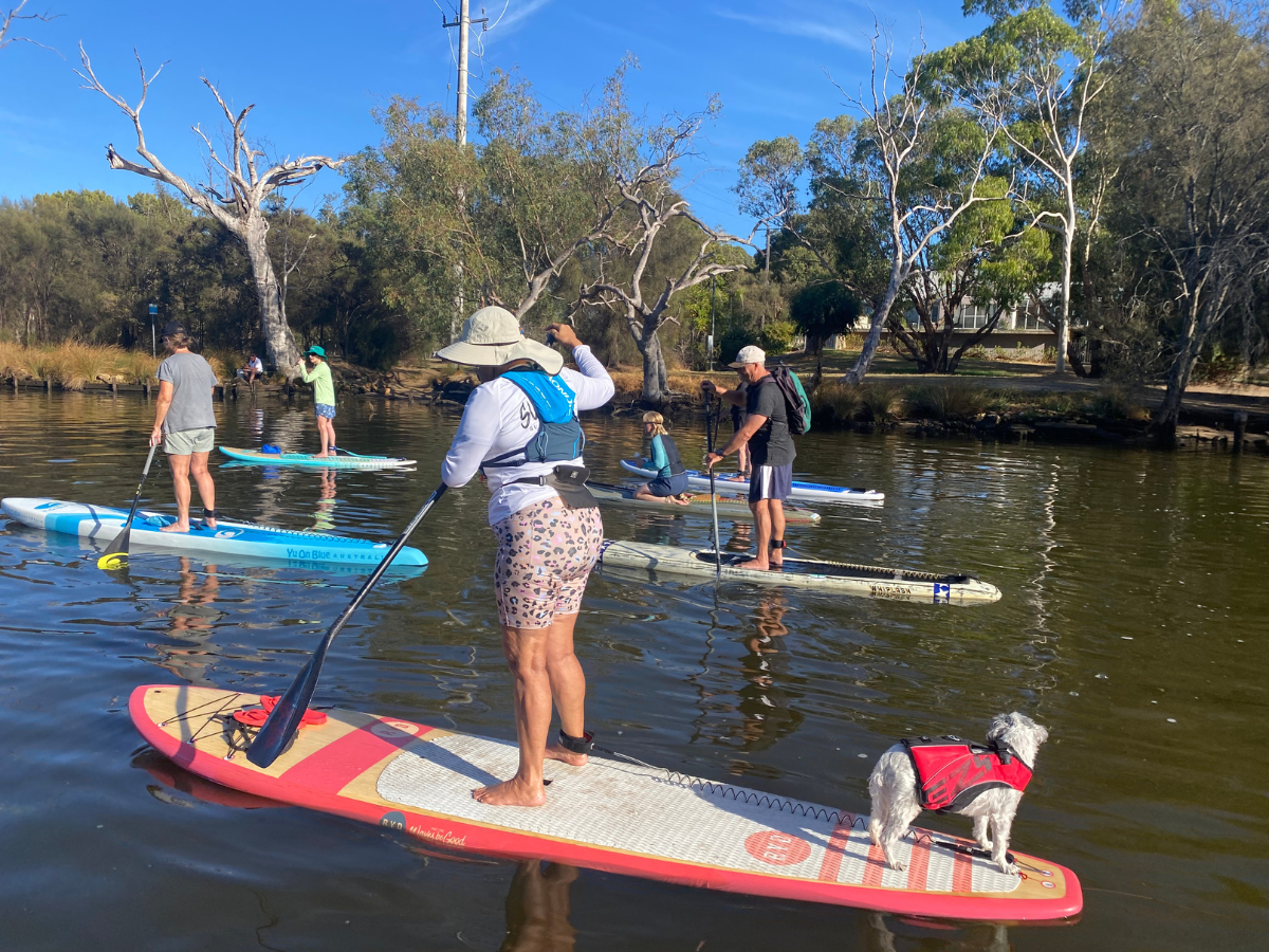 A lady on a red standup paddle board with her dog at the back of the board paddles with other paddlers in the distance